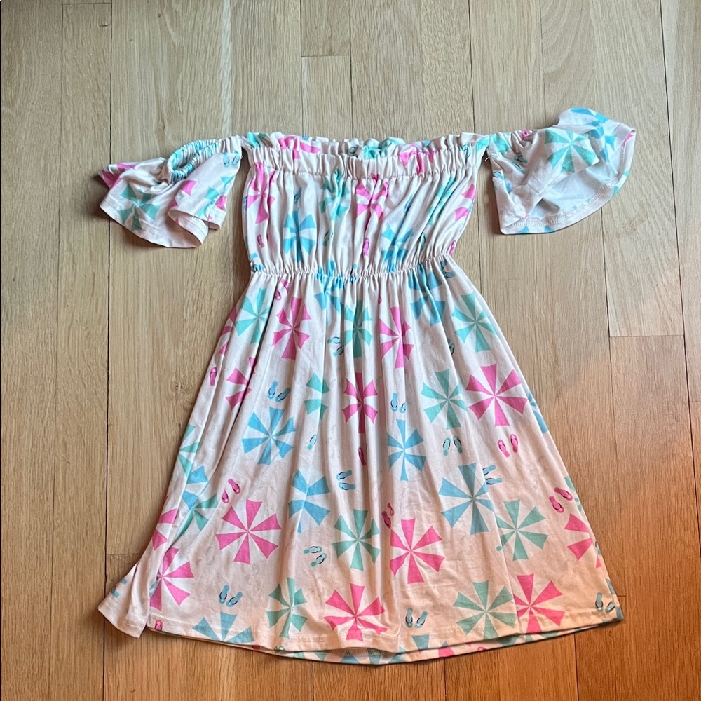 Girls Off-Shoulder Cotton Dress in Pink, Blue & Cream